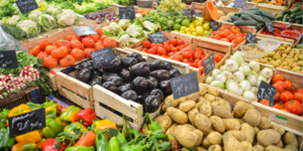 produce at a market with beans, potatoes